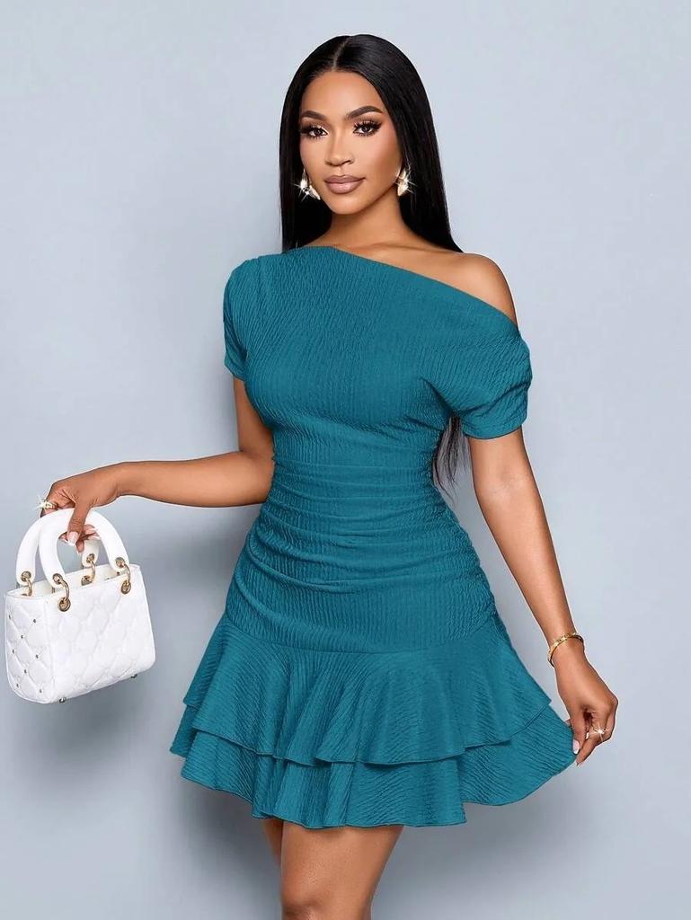 New Dress Summer Popular Women's Clothing Solid Color Slanted Shoulder Slim Ruffle Edge Dress