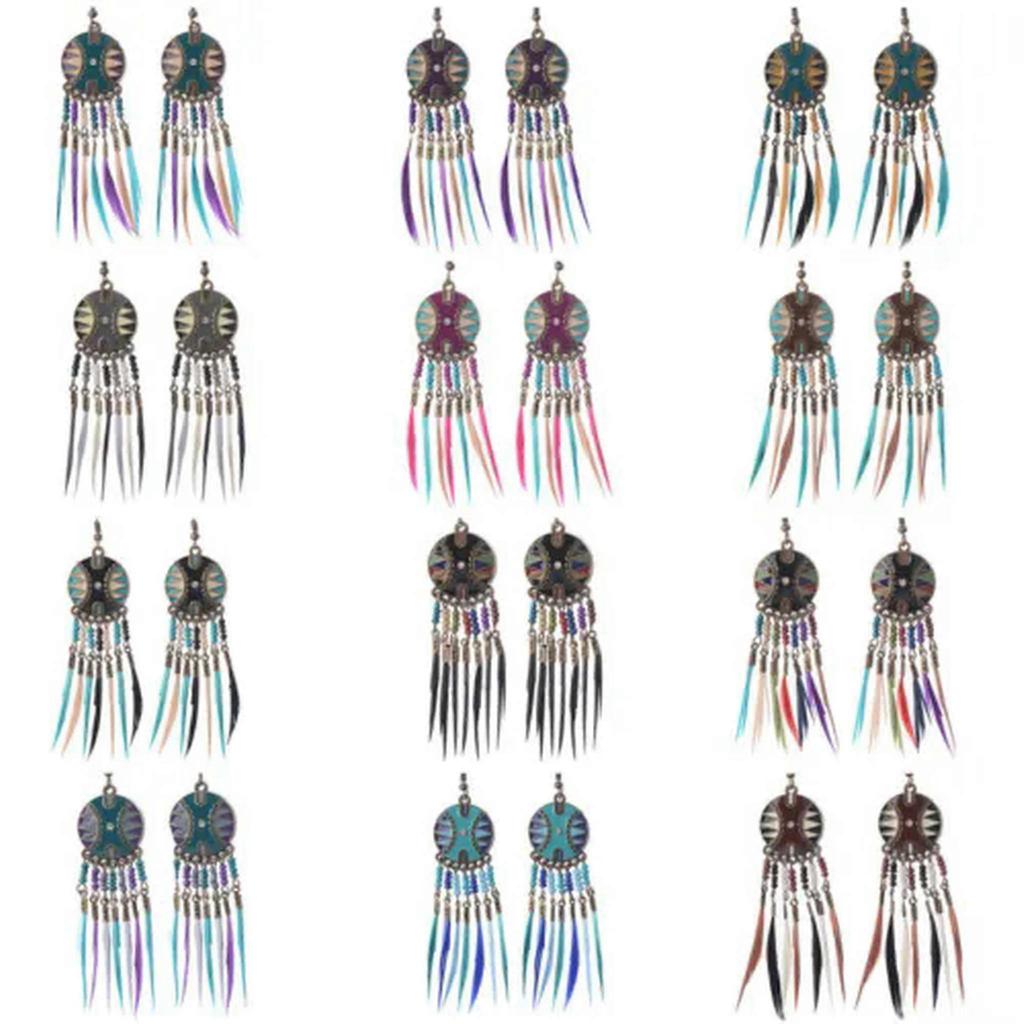 RSAMD Bohemian Boho Flower Carved Round&Colorful Feather Tassel Women Hook Earrings-14#