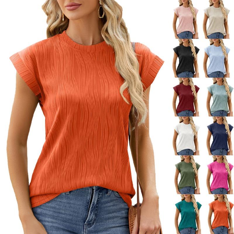 Women's Summer Solid Color Crew Neck Cover Shoulder Sleeve T-shirt Top Vest