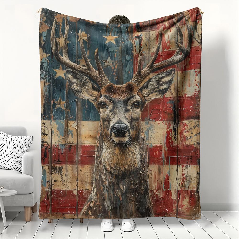 Vintage American Flag Deer Blanket Rustic Patriotic Blanket with Distressed USA Flag & Buck Design Throw Blanket for Couch Bed, 30x40in