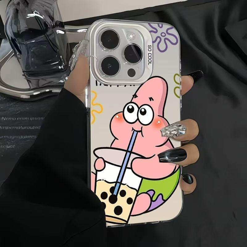 Milk Tea SpongeBob SquarePants Suitable for Apple 16PROMAX/iPhone15/iPhone14 Couple Colored Silver Mobile Phone Case
