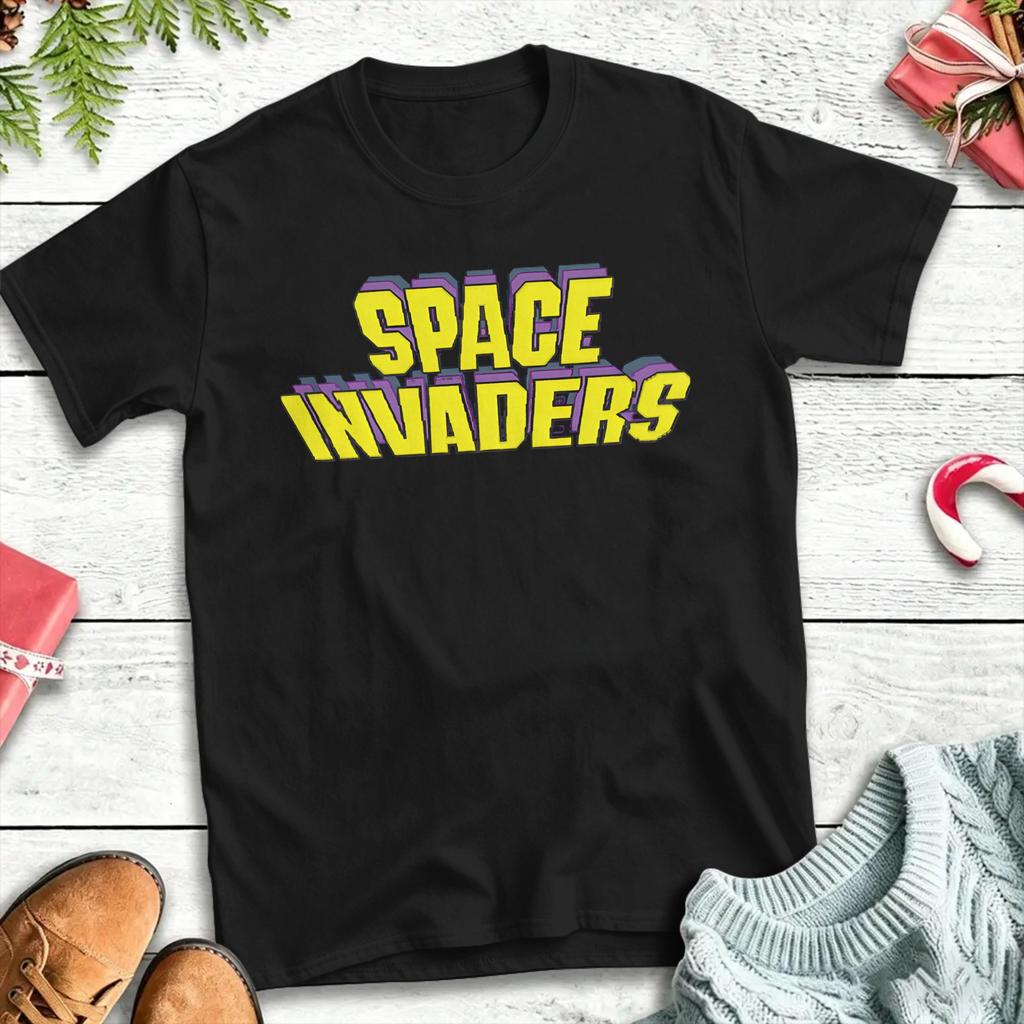 Vintage Space Invaders Logo TShirt for Unisex Round Collar Pure Cotton T Shirt Short Sleeve Tees 4XL 5XL Tops