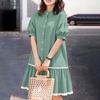 ZANZEA Women Stand Collar Summer Lace Splice Hem Loose Half Sleeve Dress