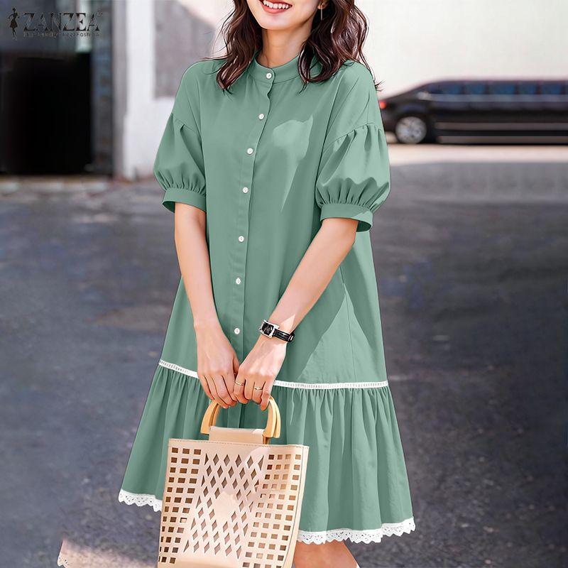 ZANZEA Women Stand Collar Summer Lace Splice Hem Loose Half Sleeve Dress