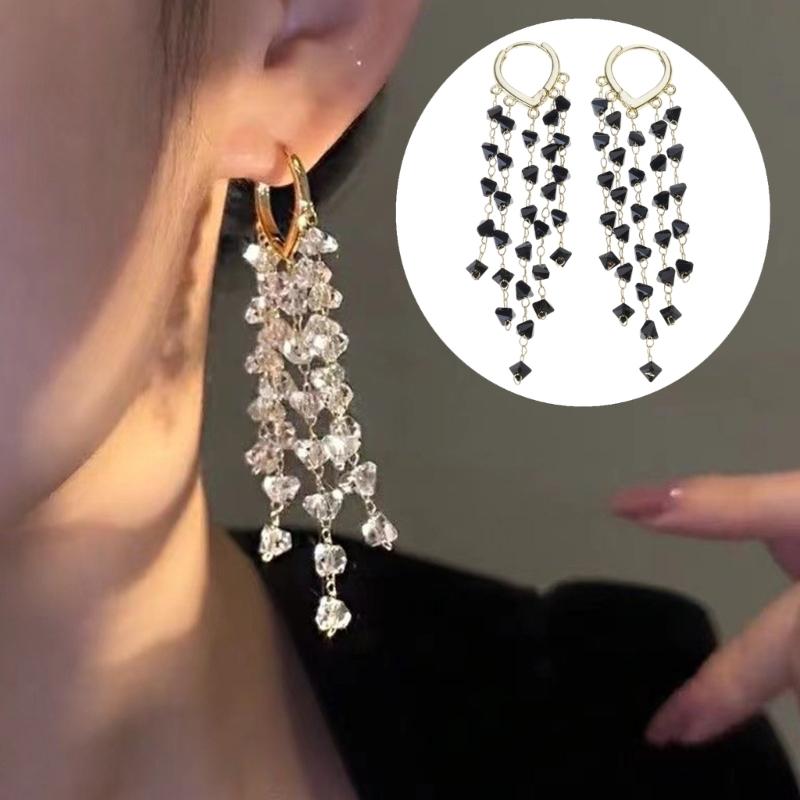 Long Crystal Fringe Earrings Slimming Design for Round Faces Sparkling Crystals for Parties Daily Wear Comfortable