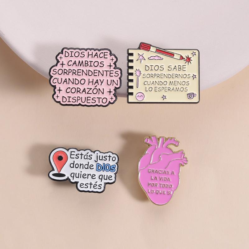 Healing Christian Spanish Enamel Pin Inspirational Faith Pink Heart Notebook Doodle Brooches Lapel Badge Jewelry Gift for Friend
