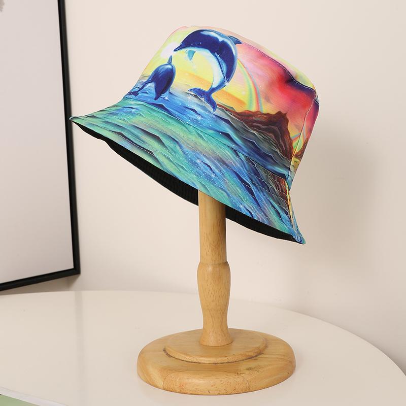 Fashion trend printed dolphin double sided fisherman hat suitable for men and women leisure travel