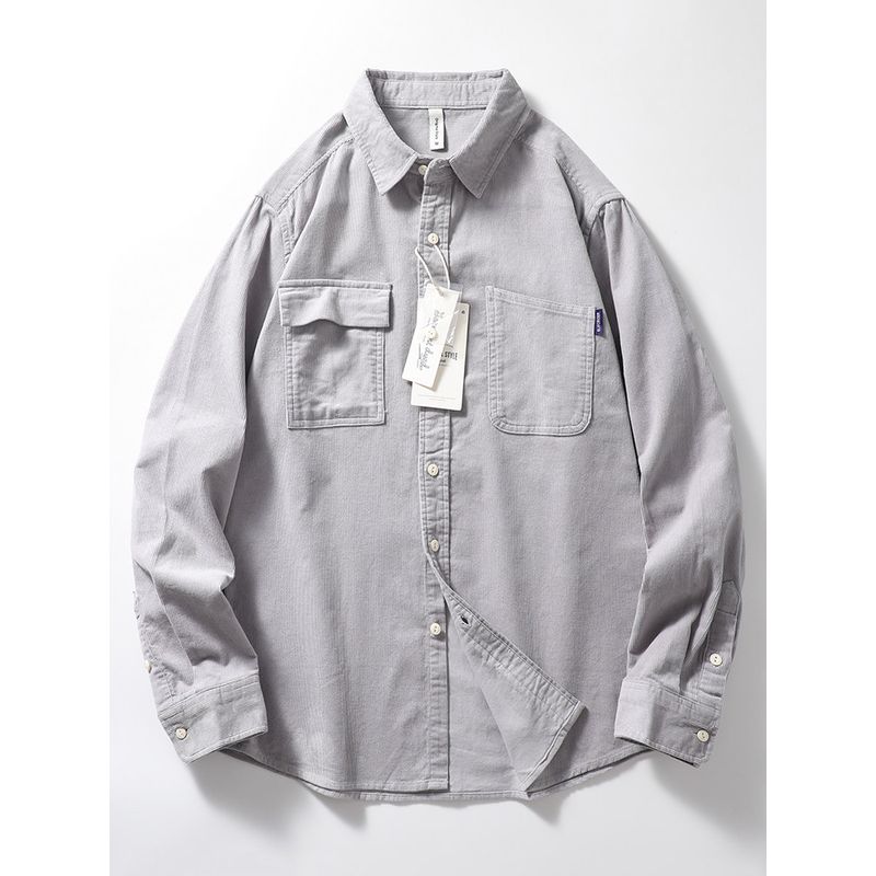 Pure Cotton Corduroy Shirt Coat Men s Spring and Autumn Long Sleeve Trendy Export Men s Japanese-Style Retro Pure Cotton Workwear Shirt Light gray 3XL