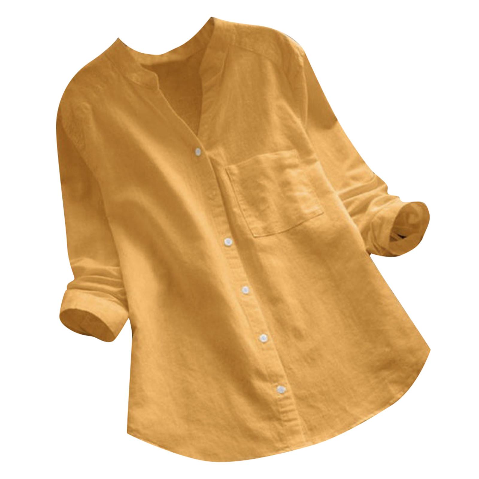 

Карманный воротник-стойка с короткими рукавами, хлопково-льняной повседневный свободный кардиган с принтом, рубашка с длинными рукавами M жёлтый