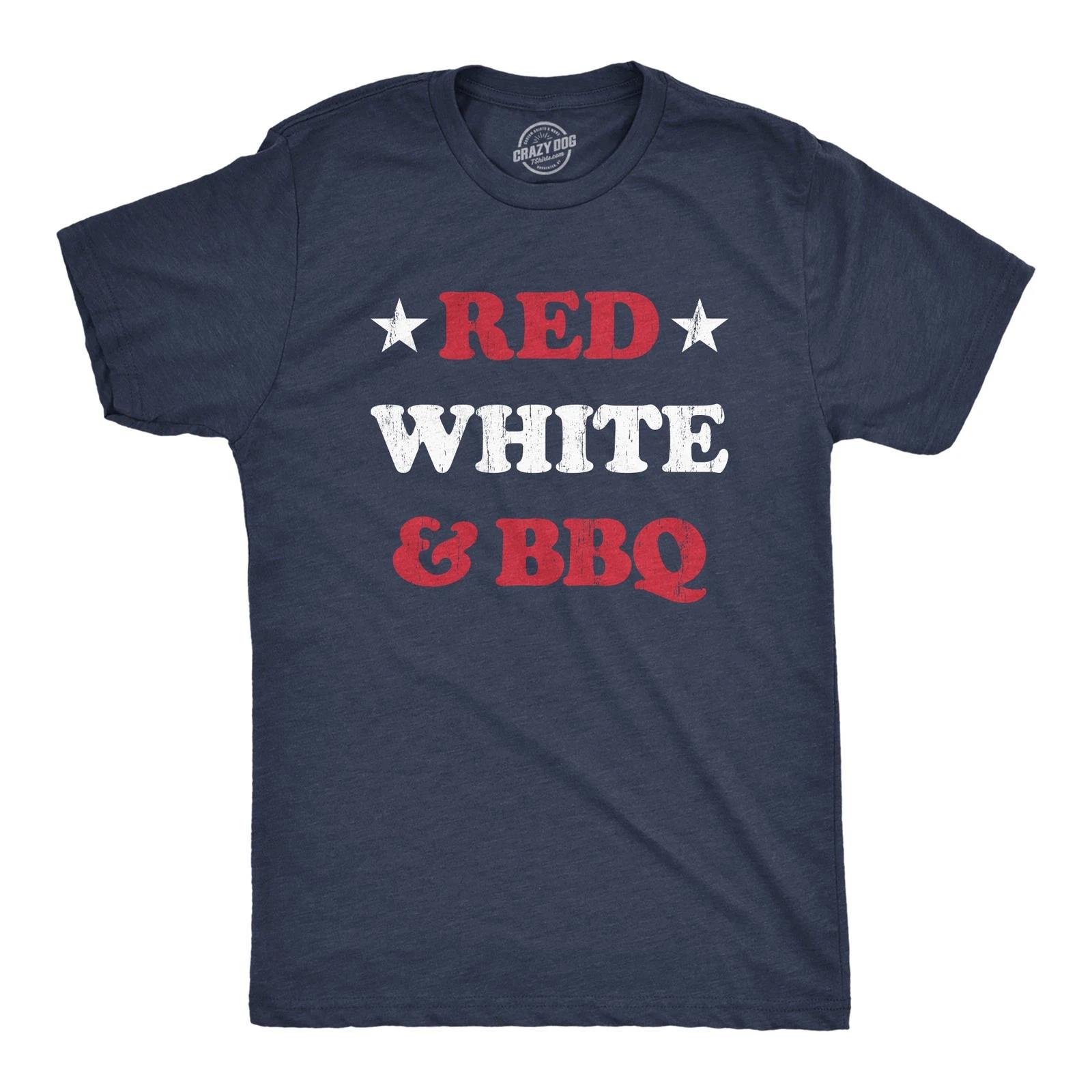 Mens Red White and BBQ T Shirt Funny Patriotic Barbecue Text Tee for Guys S