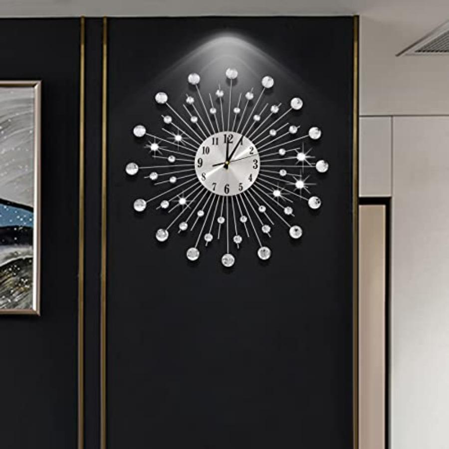 19,7 Zoll Große Wanduhr für Wohnzimmer-Dekoration Tickenfrei Leise Modern Metall Sternburst Bling Silber Kristall Wanduhren Deko