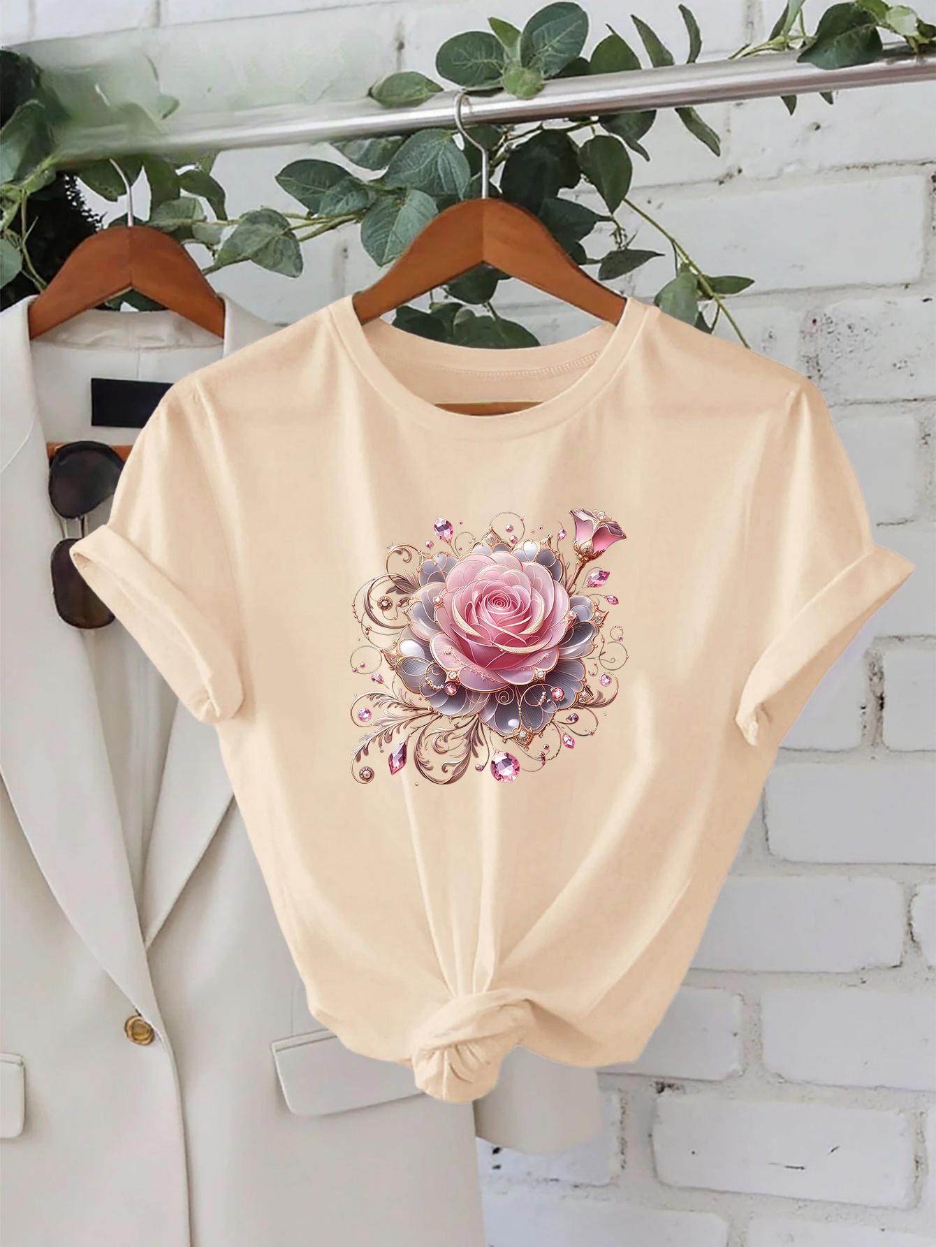 

New Spring. Summer. and Autumn Fashion Women s Casual T-Shirt with Floral Print. Round Neck. Short Sleeves. Elegant Women s Apparel Suitable for Home. M дубильная кора