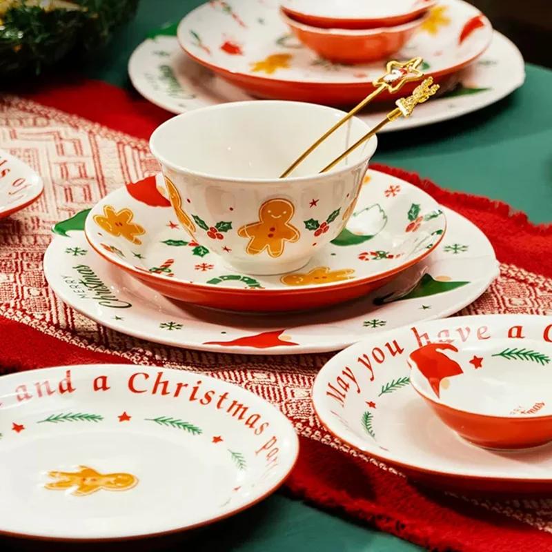 Ceramic Christmas Tableware Set with Handle, Soup Plate, Dinner Utensil, French Letter Cup, Steak Tray, Salad Bowl, Household