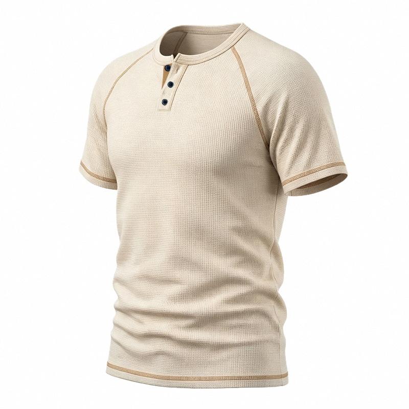 Mens Waffle Henley Collar Raglan Short Sleeve Color Block Casual T Shirt
