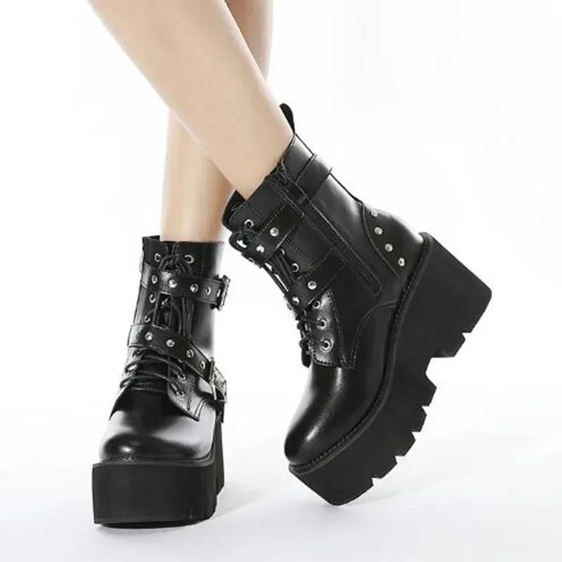 Punk Style Womens Boots High Quality Casual Leather Boots Fashion Platform Booties Thick Soled High-heeled Ankle Boots for Women