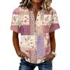 Women’s Vintage Patchwork Print Henley Button Neck Short Sleeve Cotton Linen Shirt Casual Loose Fit Top for Summer Daily Wear