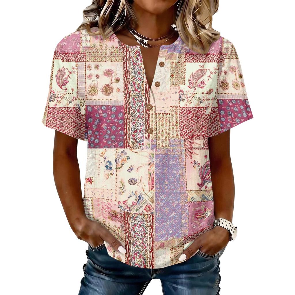 Women’s Vintage Patchwork Print Henley Button Neck Short Sleeve Cotton Linen Shirt Casual Loose Fit Top for Summer Daily Wear