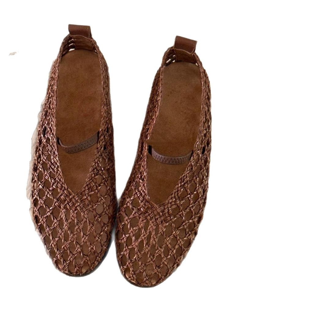 Sheepskin version~ Hollow-out handwoven sandals women's one-word with round head flat-soled single shoes genuine leather shallow mouth Mary Jane shoes