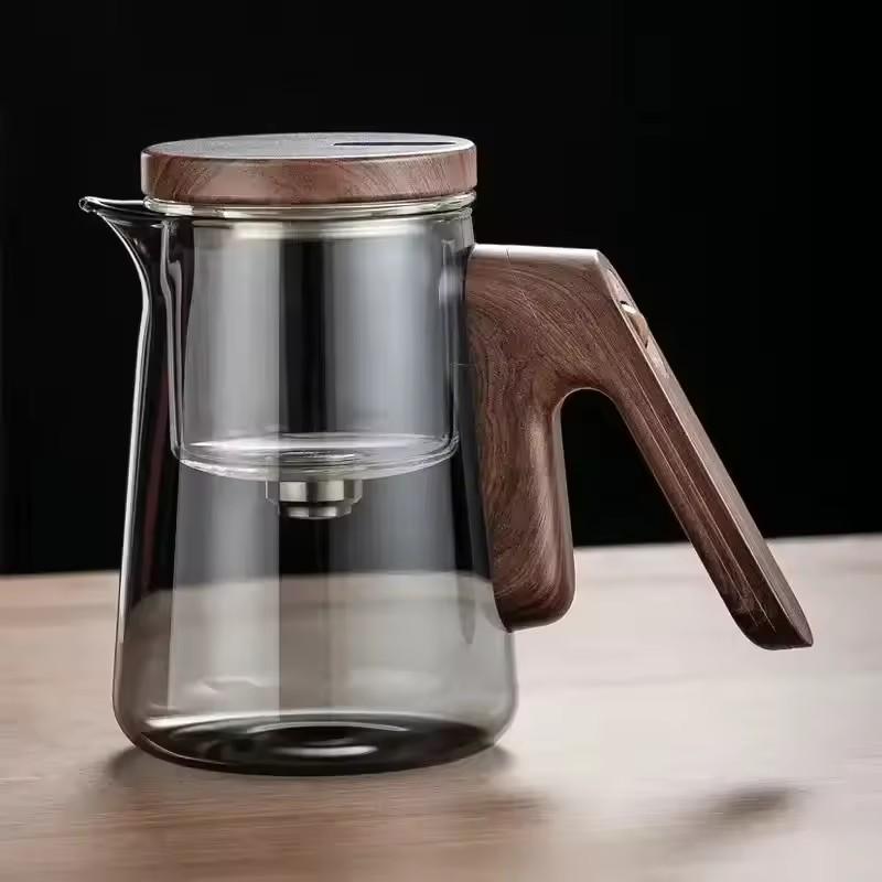 Water Separation Inner Container Teapot One Click Magnetic Switch Tea Separation Filtration Glass Tea Pot Wood Handle Tea