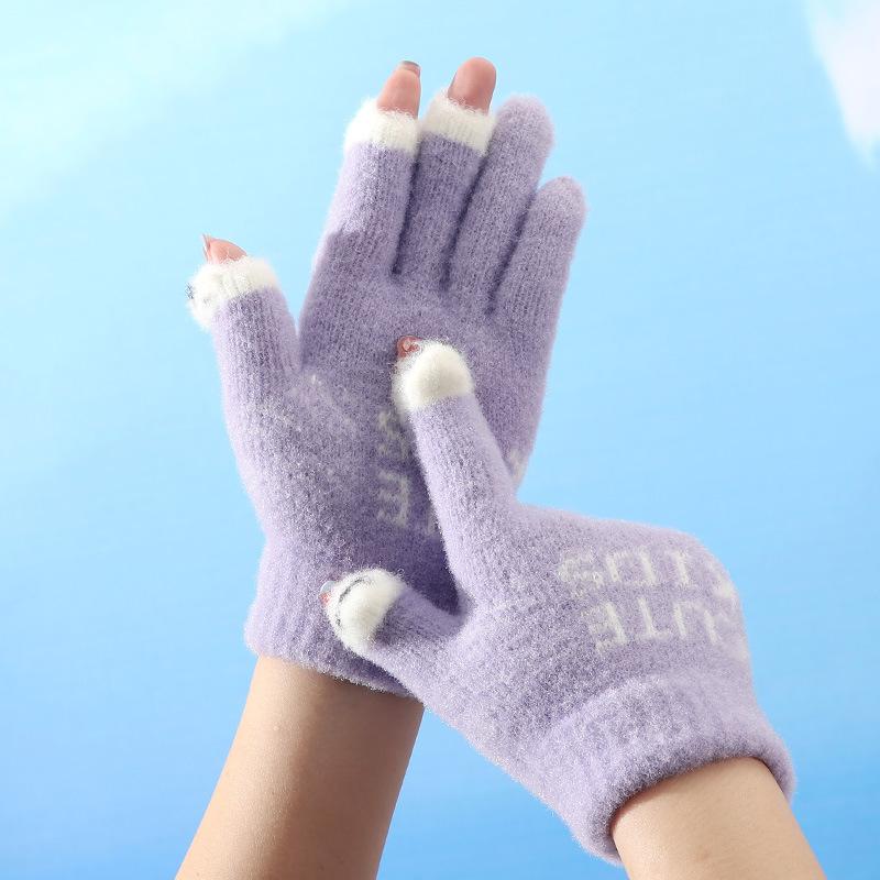 Winter Cartoon Cute Parent Child Gloves Riding Knitted Warm and Cold Baby Leaking Finger Gloves Yarn Thickened Gloves