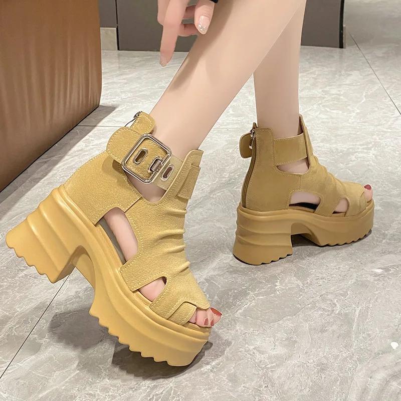 Platform Sandalias Female Hollow Fashion Sandals Boots Fish Mouth High Help Heel Summer Casual2024 Versatile Black Zapatos Mujer