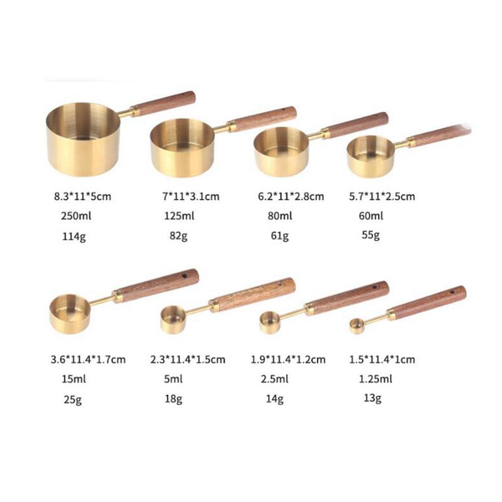 8Pcs Measuring Cups and Spoons Set Stainless Steel Wooden Handle Baking