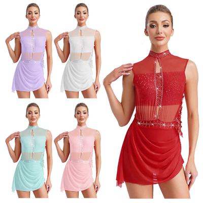 Women Figure Skating Dance Dress Applique Flower Leotards Lyrical Dance Costume Sleeveless Backless Sheer Mesh Overlay Dress