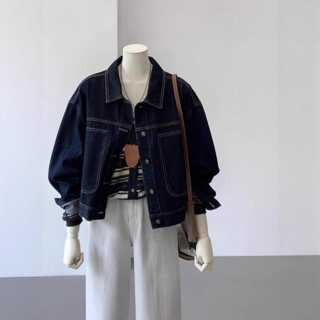 Women's Dark Blue Denim Jacket with Lapel Collar and Button Front
