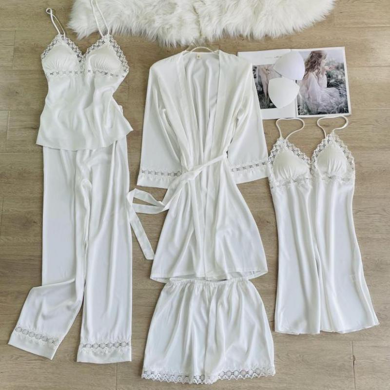 5-częściowy zestaw piżamowy Piżamy Wiosna i Jesień Nowy Styl Damskie Piżamy Długi Rękaw Odzież Domowa Koronka Satyna Odzież Domowa Bielizna