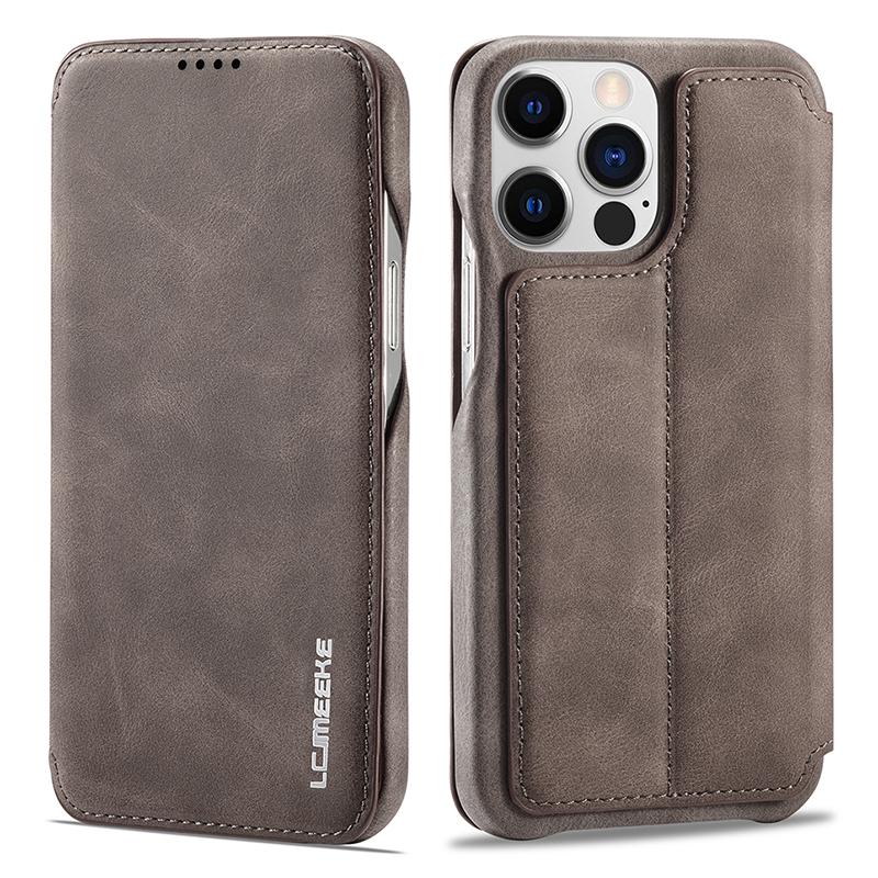 

LC.IMEEKE For iPhone 15 Pro Max Drop-proof Stand Cover PU Leather Phone Case with Card Slot Coffee