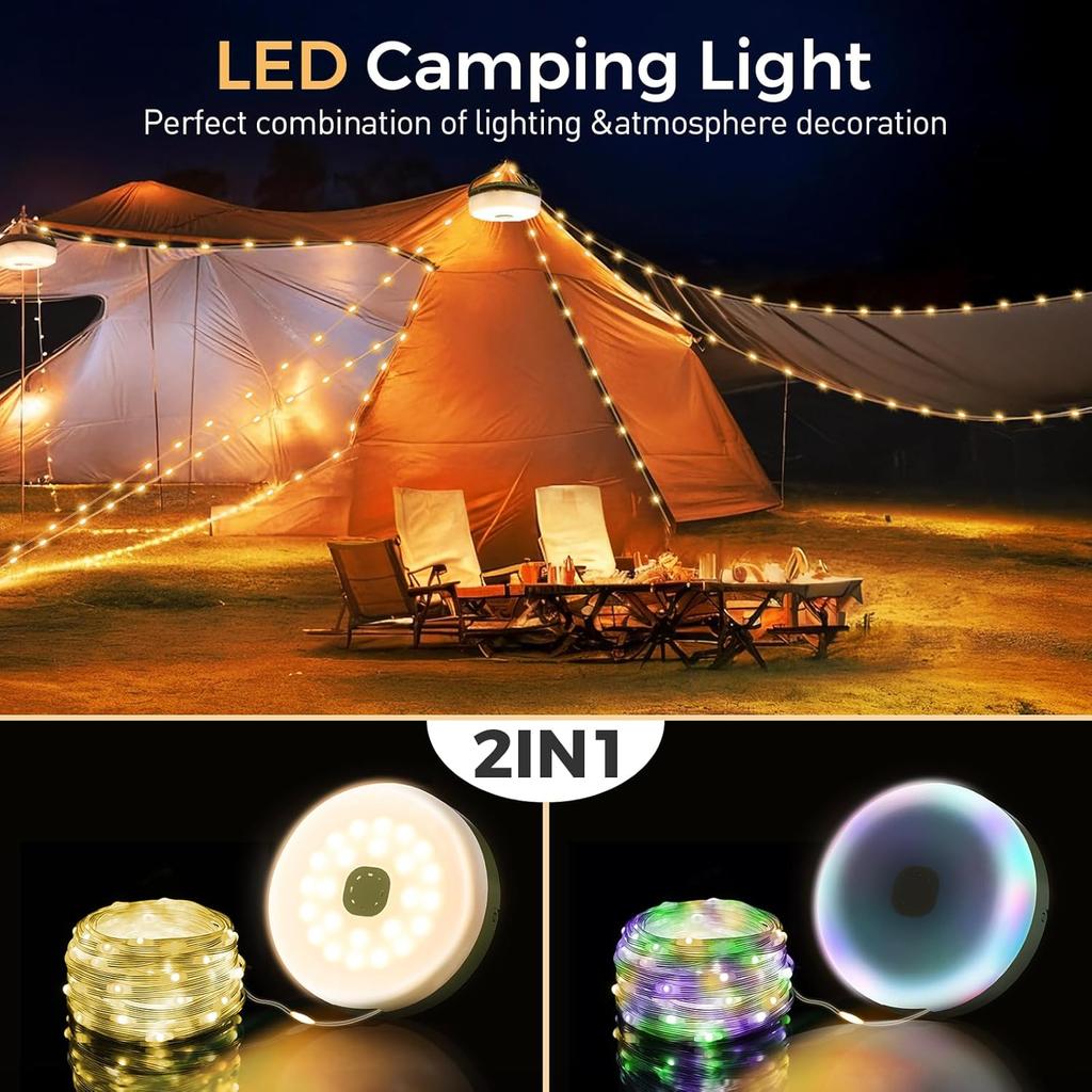 Camping String Lights, 2 In 1 Quick Storage 32.8FT Rechargeable Tent Lights String with 8 Modes, Hanging Waterproof Portable LED Lamp for Outdoor