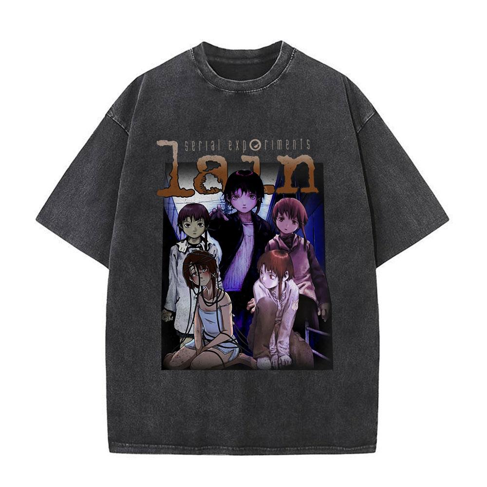 Japanese Anime Serial Experiments Lain Vintage Washed T Shirt Manga Iwakura Girl Sci Fi T-shirts Men 100% Cotton Casual T Shirt