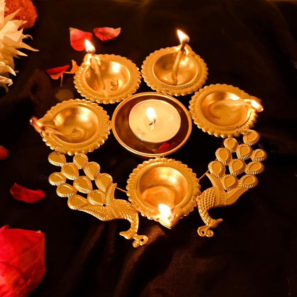 Peacock Diya Shape Decorative Urli Bowl for Home Decor with 5 Attached Oil Diyas for Floating Home Pooja Room (7 Inch)