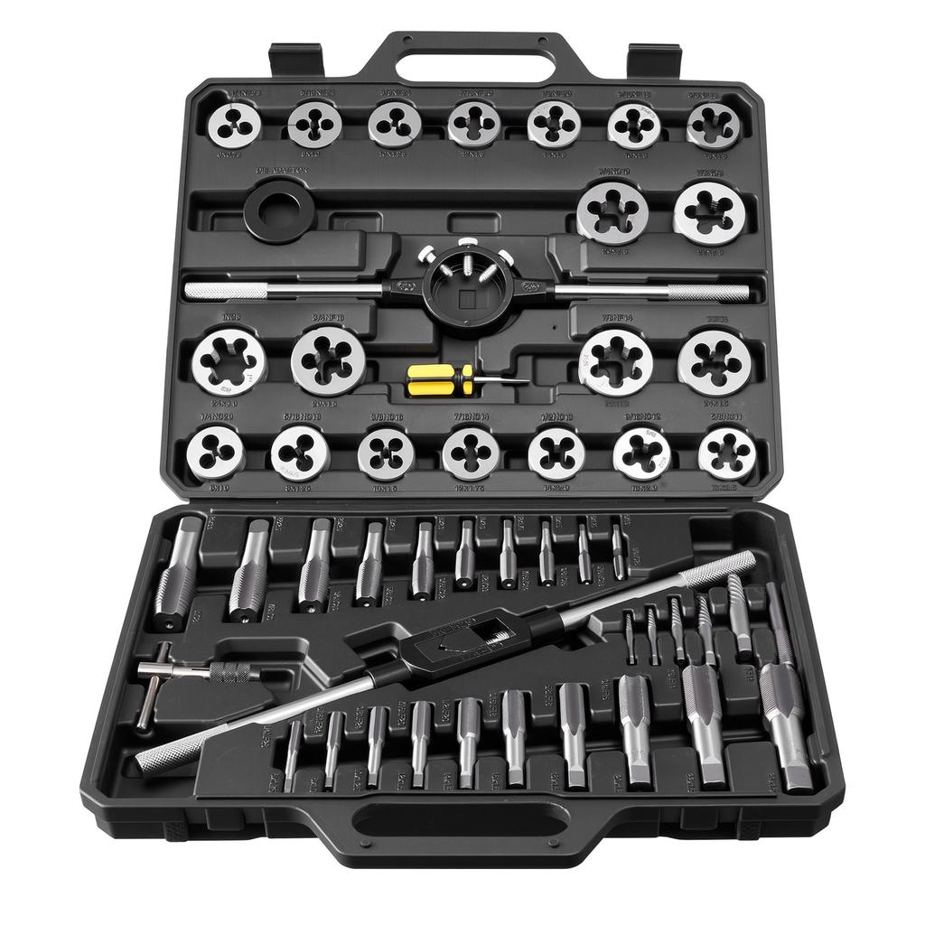 Tap and Die Set, 51-Piece Metric Sizes M6 To M24, with Coarse and Fine Thread Taps and Dies, Wrench, Carrying Case and Complete Accessories, Bearing