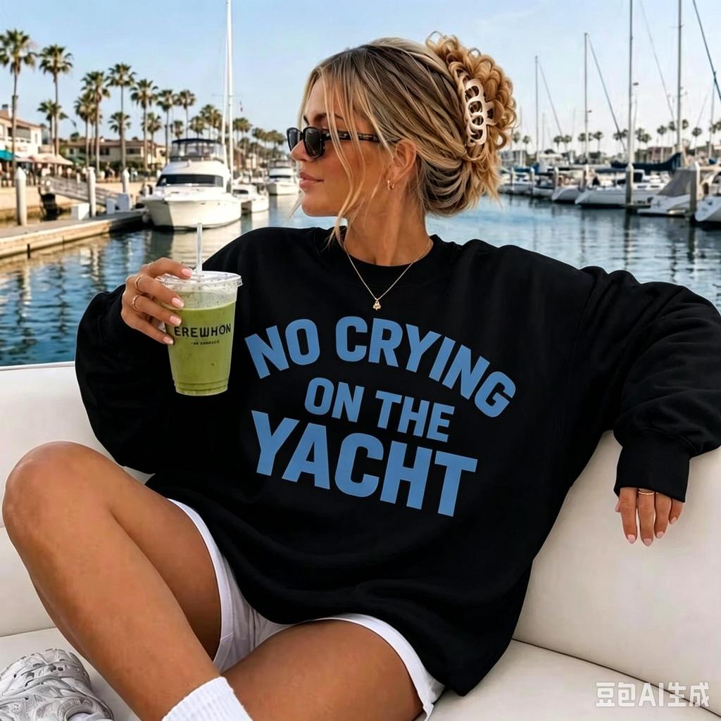 Oversized Crewneck Sweatshirt, Retro Millennium‑Style "No Crying On The Yacht" Lake Life Graphic Print Pullover, Cute Long‑Sleeve Tops For Fall