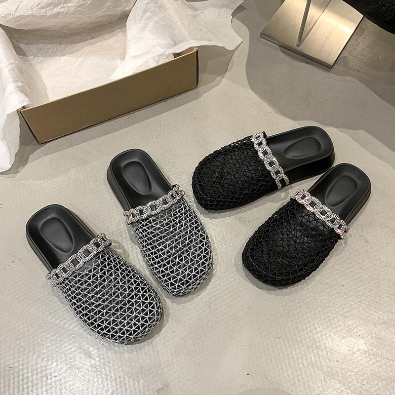 Design Sense Niche Baotou Sandals Women's 2025 New Summer Mesh Hollow Fashionable Rhinestone One Pedal Cool Slippers