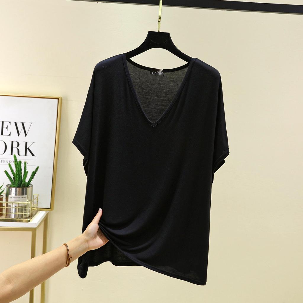 Women's Solid Color V-Neck Cotton Modal Short Sleeve Loose Top