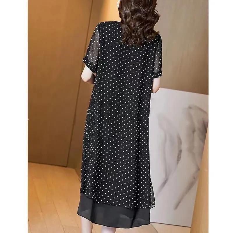 Female Summer Loose and Slimming Mid Length Chiffon Dress, Elegant and Polka Dot Skirt for Mothers