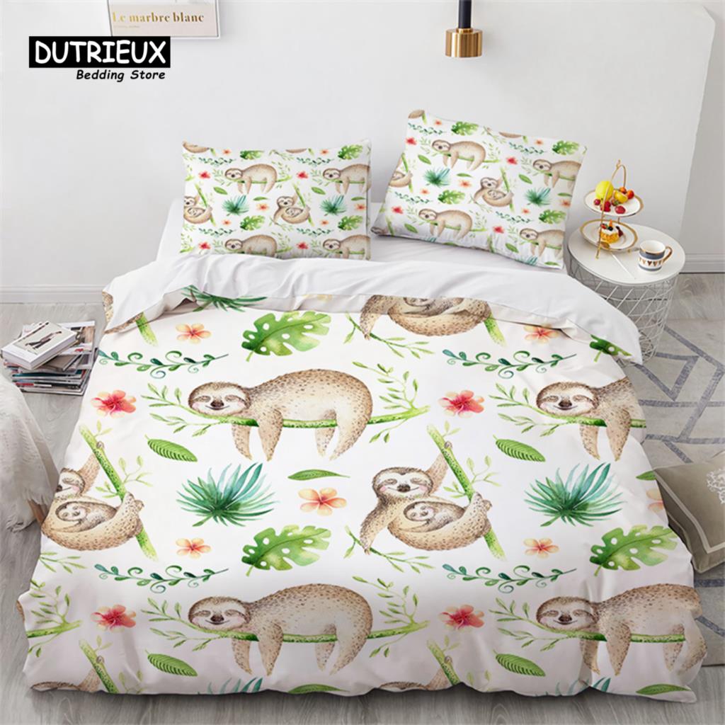 Niedlicher Faultier Bettbezug Einzelbett Cartoon Tier Bettwäsche Set Mikrofaser Floral Blätter Steppdeckenbezug Für Teenager Mädchen Jungen Kawaii Raumdeko