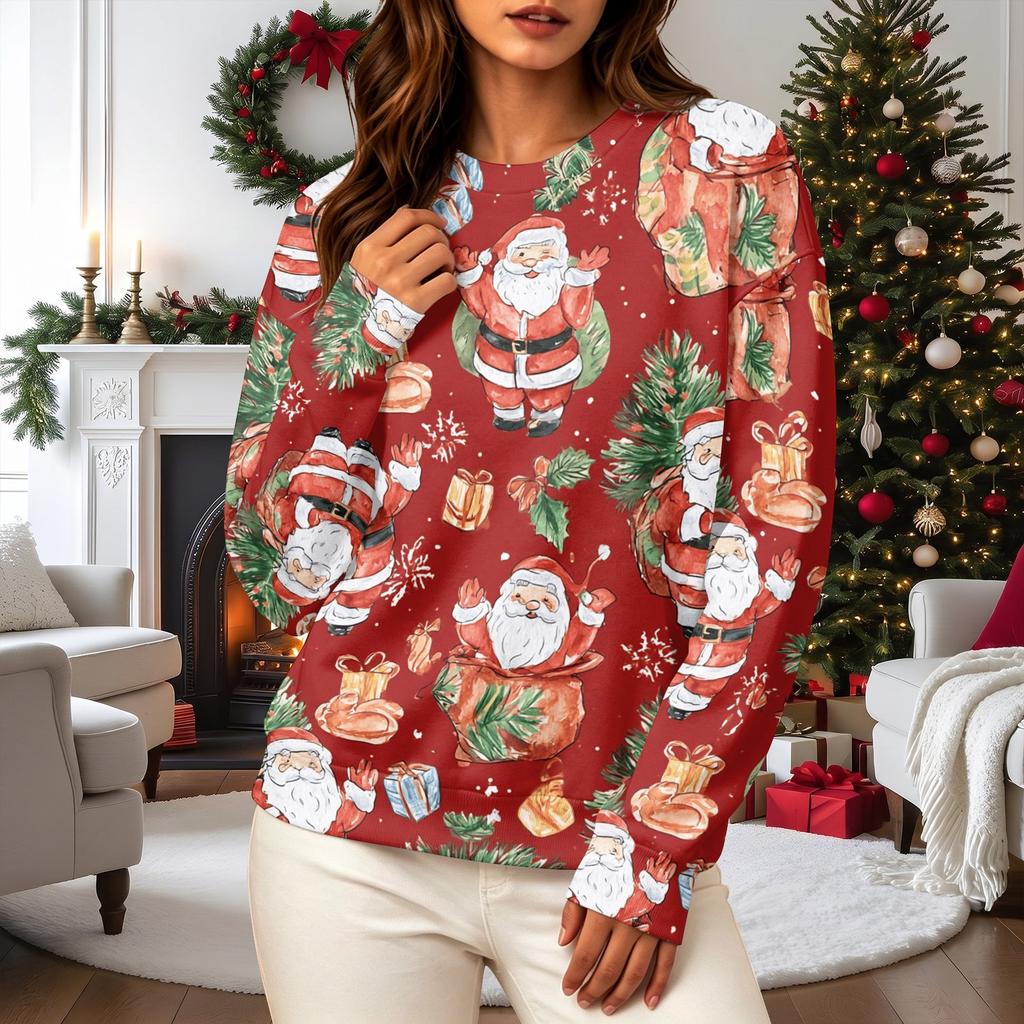 Women's Casual Christmas Print Long Sleeve Neck Sweatshirt