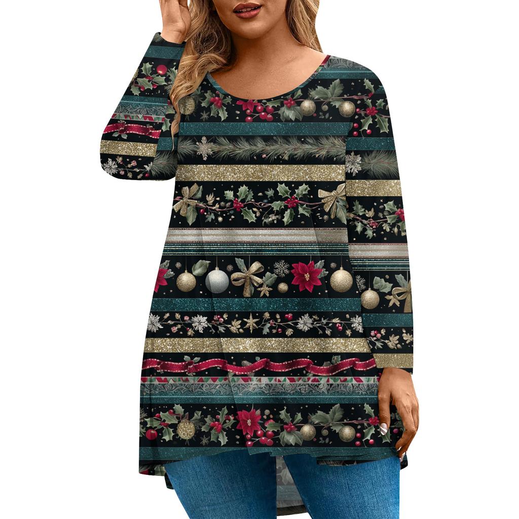 Women's Fashionable Casual Long Sleeved Plus Size Print Top Plus Size Floral Print Top