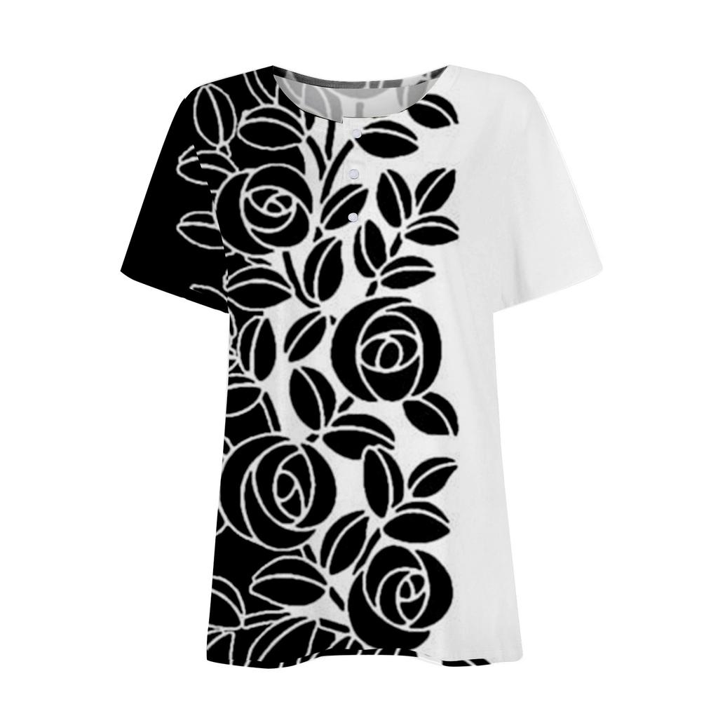 Women's New Button V-Neck Fashion Print Short Sleeve Retro Print T-Shirt Slim Top Casual Tops