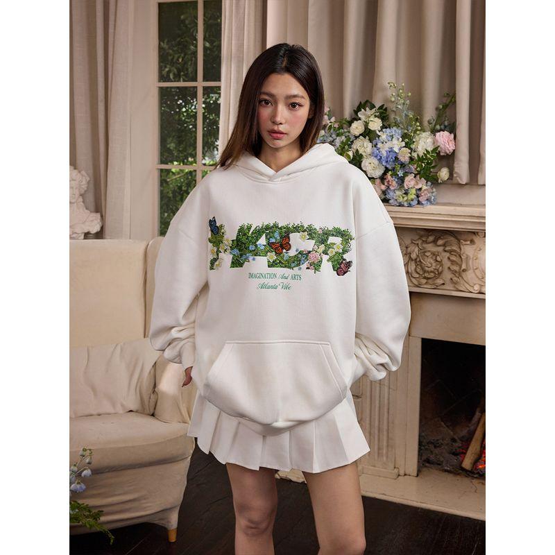 HACR Plant Harshandcruel Green Plant Embroider Florals Butterfly Couple Loose Fleece Hooded Sweater