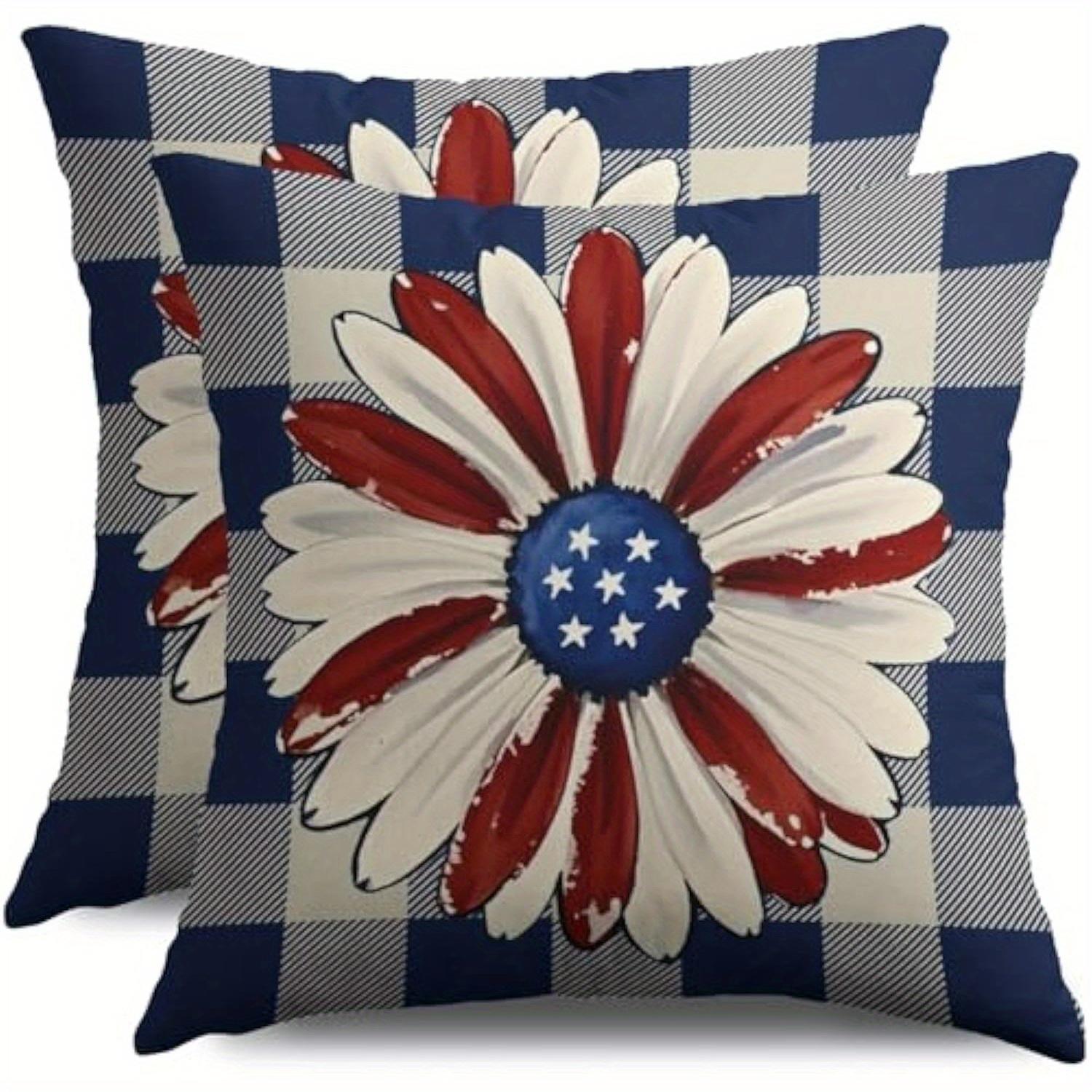 2-Piece Patriotic Daisy and Plaid Buffalo Pillow Case Red White and Blue July 4th Decor Cushion Covers for Sofa 10090₽