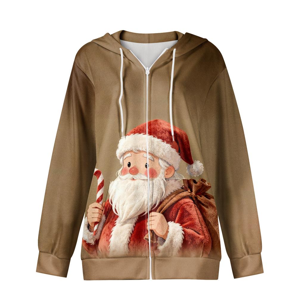 Dámská ležérní módní pletená mikina s kapucí na zip s dlouhým rukávem a vánočním potiskem