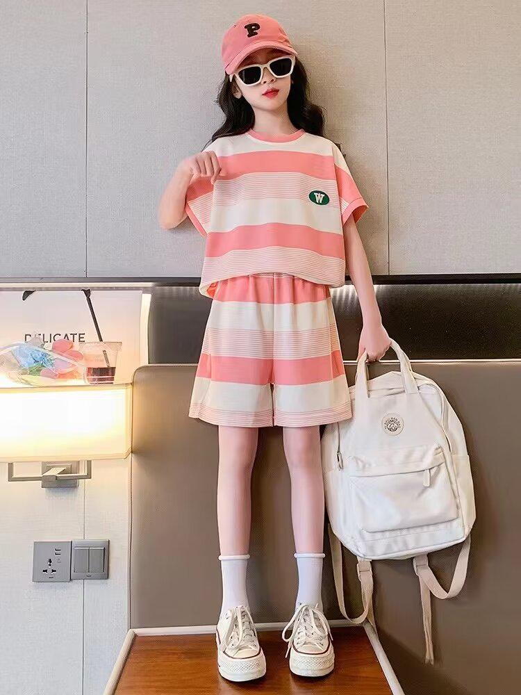 

Стильный летний спортивный костюм-двойка для девочек 2024 года — повседневный наряд с короткими рукавами для подростков 170 cm