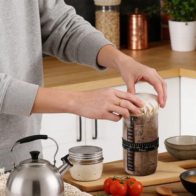 Serbatoio di Fermentazione Kit Starter per Pasta Madre con Barattolo Grande in Vetro Coperchio in Alluminio Sigillo Copertura Traspirante in Tessuto Etichetta Temperatura Alimentazione