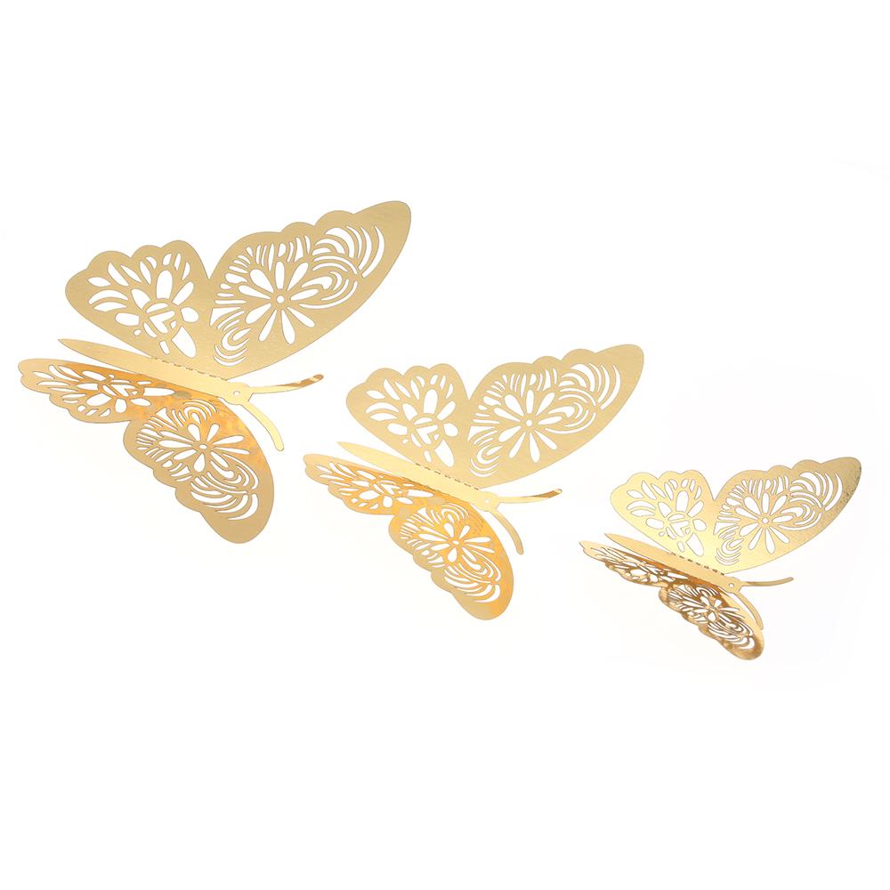 12pcs/set Vivid 3D Butterfly Wall Stickers Removable Mural Stickers DIY Art Wall Decals Decor with Glue for Bedroom Wedding Party--Gold