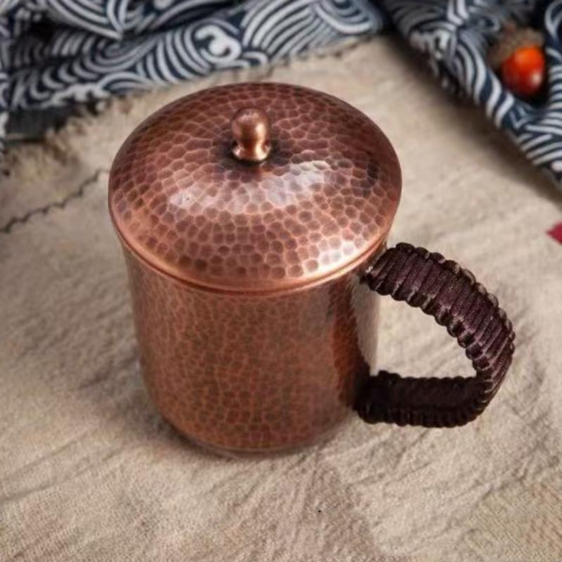 Vintage Pure Copper Coffee Cup,With Lid Mug Moscow Mule Tumbler Thickened Hammer Texture Woven Handle 500 Ml Beer Mug,Tableware