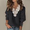 Women Autumn Winter T Shirts Long Sleeve Sexy Lace Patchwork V Neck Buttons Sweater Jumper  Mesh Design Fashion Hollow Out Tops
